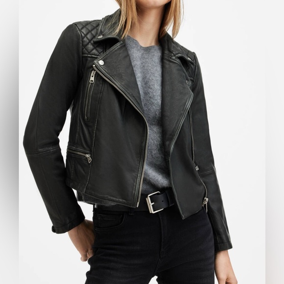 All Saints Cargo Distressed Leather Biker Jacket - Picture 3 of 11